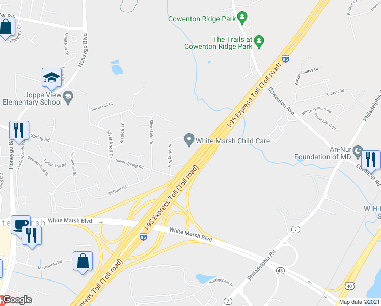 map of restaurants, bars, coffee shops, grocery stores, and more near 8650 Winding Way in Perry Hall