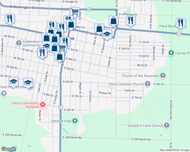 map of restaurants, bars, coffee shops, grocery stores, and more near 511 East 5th Street in Pana