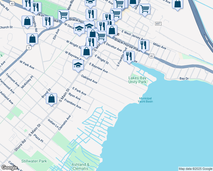 map of restaurants, bars, coffee shops, grocery stores, and more near 118 Oakland Avenue in Pleasantville