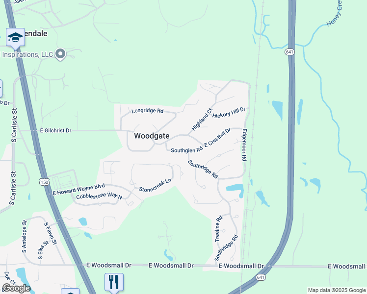 map of restaurants, bars, coffee shops, grocery stores, and more near 114 Southglen Road in Terre Haute