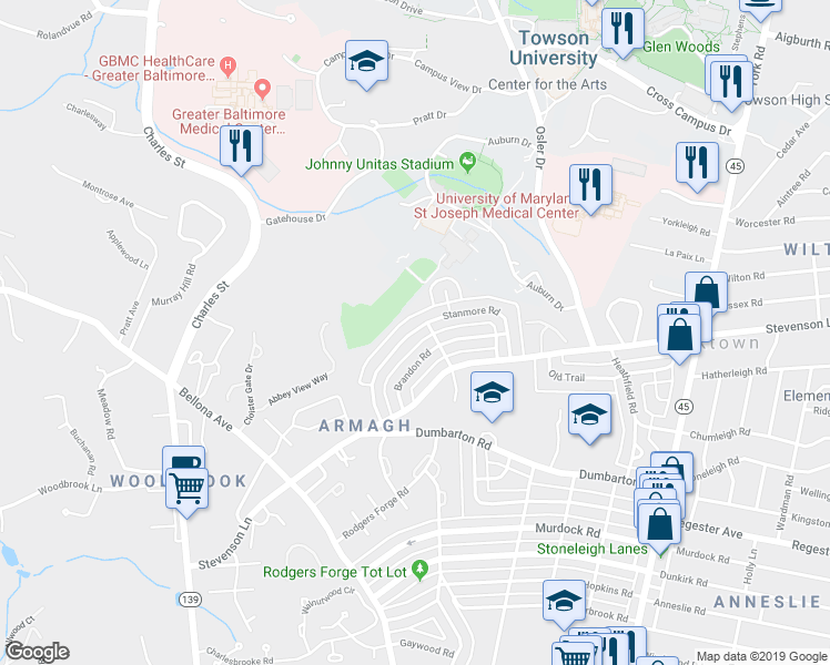 map of restaurants, bars, coffee shops, grocery stores, and more near 189 Stanmore Road in Baltimore