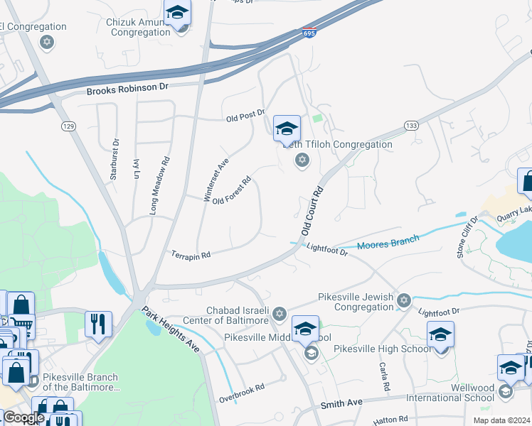 map of restaurants, bars, coffee shops, grocery stores, and more near 3313 Terrapin Road in Pikesville