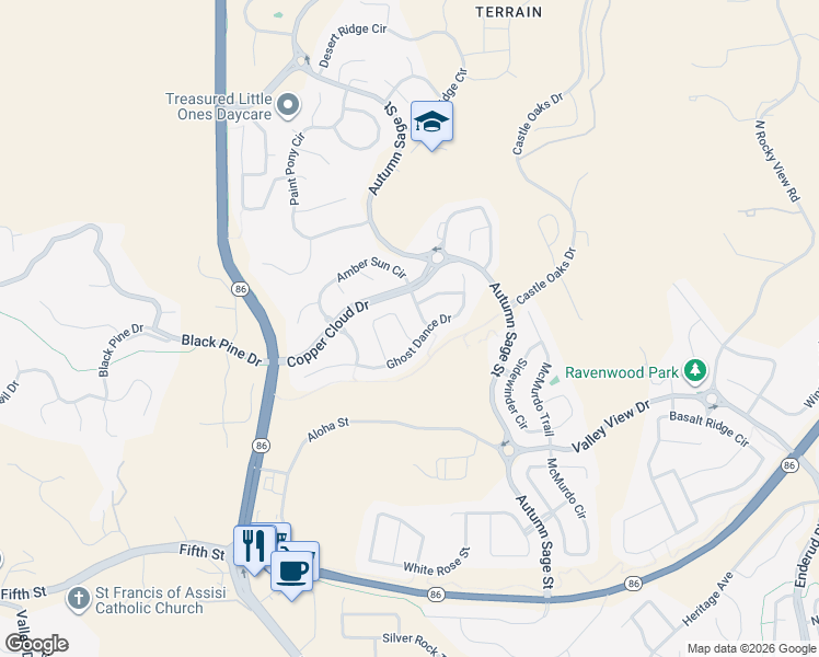 map of restaurants, bars, coffee shops, grocery stores, and more near 1819 Ghost Dance Circle in Castle Rock