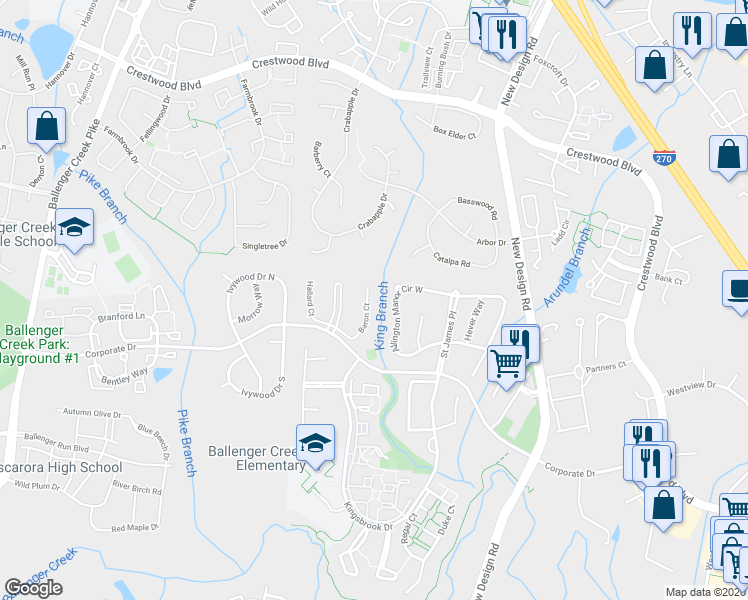 map of restaurants, bars, coffee shops, grocery stores, and more near 6917 Baron Court in Frederick