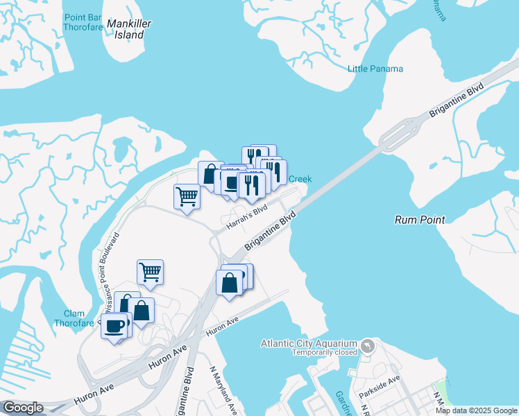 map of restaurants, bars, coffee shops, grocery stores, and more near 777 Harrah's Boulevard in Atlantic City