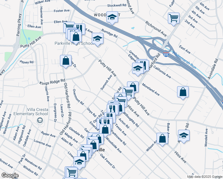map of restaurants, bars, coffee shops, grocery stores, and more near 2913 Church Road in Parkville