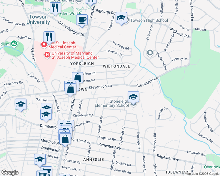 map of restaurants, bars, coffee shops, grocery stores, and more near 607 Stevenson Lane in Towson