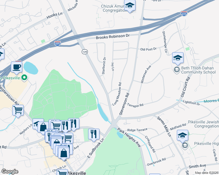 map of restaurants, bars, coffee shops, grocery stores, and more near 7900 Ivy Lane in Pikesville