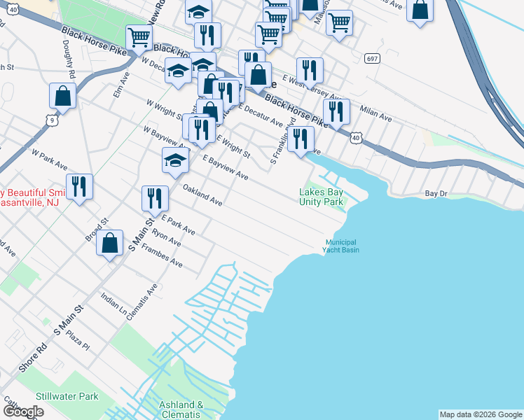 map of restaurants, bars, coffee shops, grocery stores, and more near 209 East Edgewater Avenue in Pleasantville