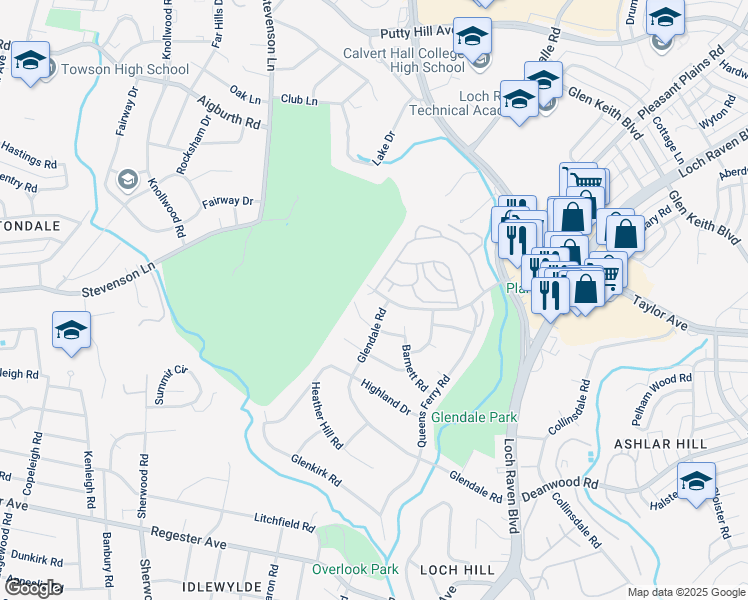 map of restaurants, bars, coffee shops, grocery stores, and more near 1137 Glendale Road in Baltimore