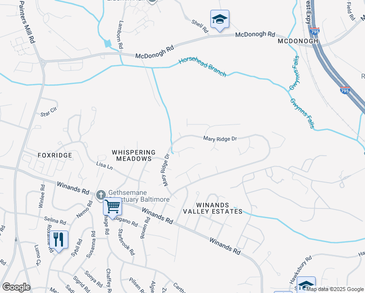 map of restaurants, bars, coffee shops, grocery stores, and more near 8 Vivian Vale Court in Randallstown