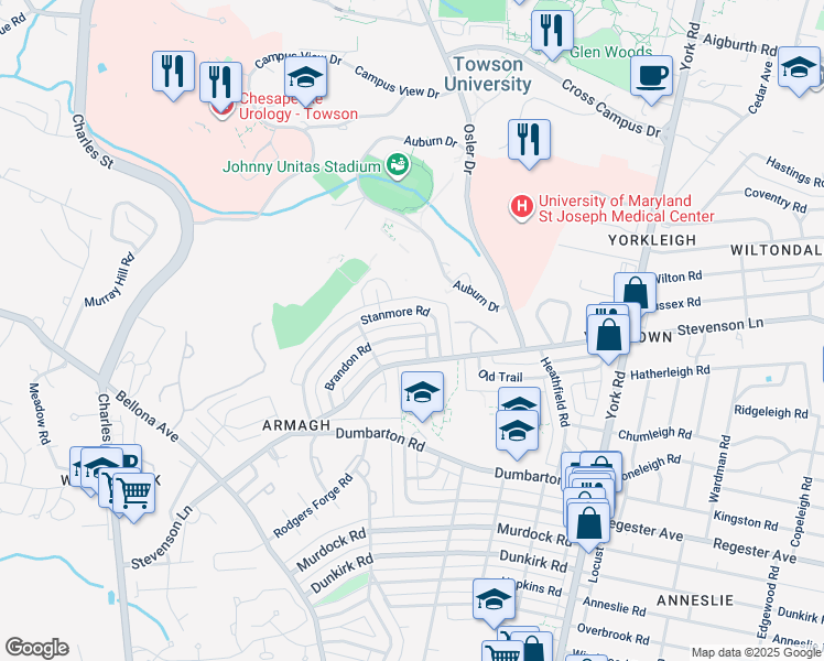 map of restaurants, bars, coffee shops, grocery stores, and more near 240 Brandon Road in Baltimore