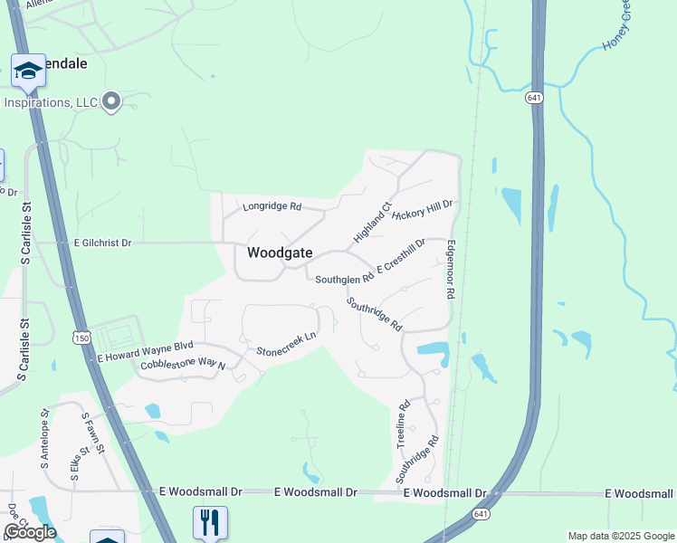 map of restaurants, bars, coffee shops, grocery stores, and more near 114 Southglen Road in Terre Haute