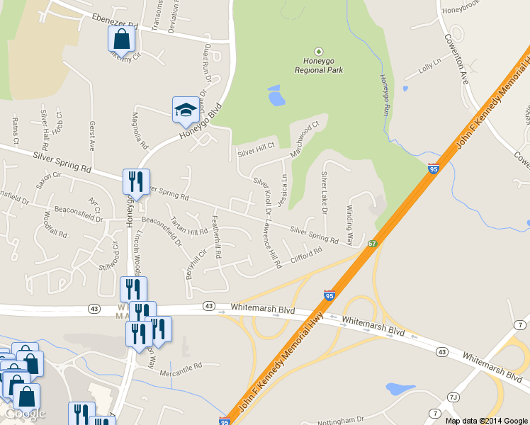 map of restaurants, bars, coffee shops, grocery stores, and more near 8602 Silver Knoll Drive in Perry Hall