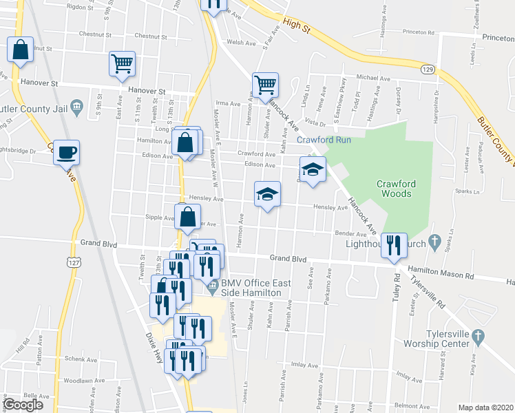 map of restaurants, bars, coffee shops, grocery stores, and more near 1215 Shuler Avenue in Hamilton