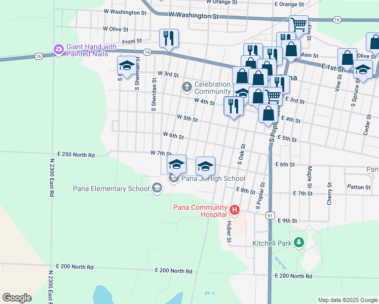 map of restaurants, bars, coffee shops, grocery stores, and more near 510 South State Street in Pana