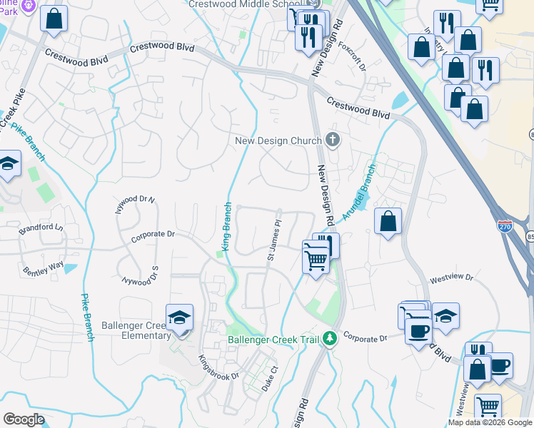 map of restaurants, bars, coffee shops, grocery stores, and more near 9042 Allington Manor Circle West in Frederick