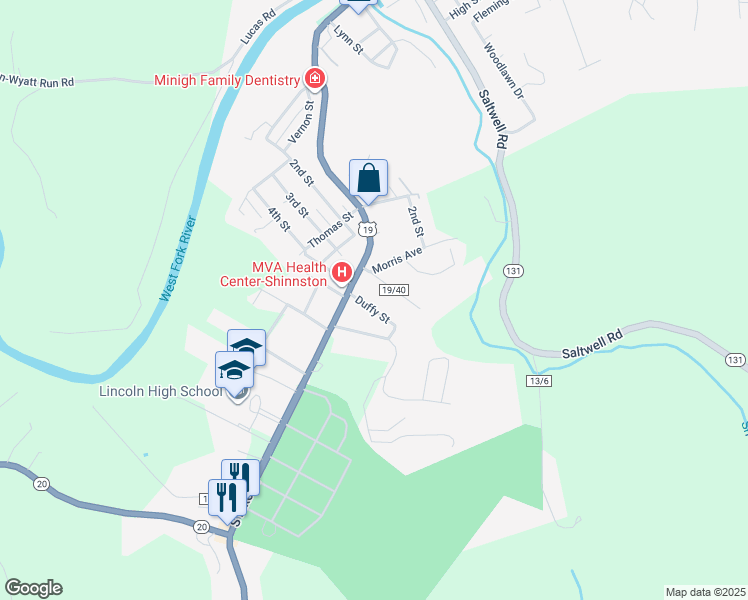 map of restaurants, bars, coffee shops, grocery stores, and more near 4 Duffy St in Shinnston