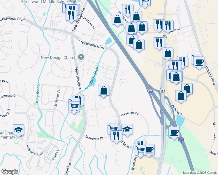 map of restaurants, bars, coffee shops, grocery stores, and more near 7138 Oberlin Circle in Frederick