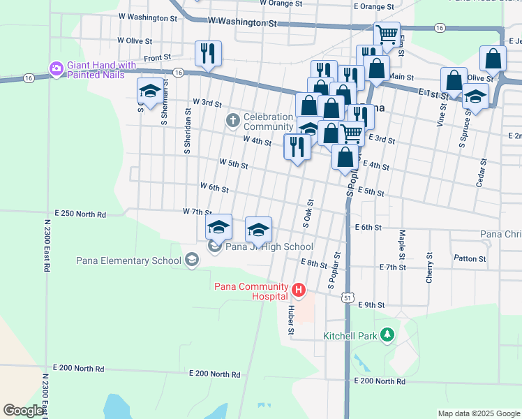 map of restaurants, bars, coffee shops, grocery stores, and more near 504 South Walnut Street in Pana