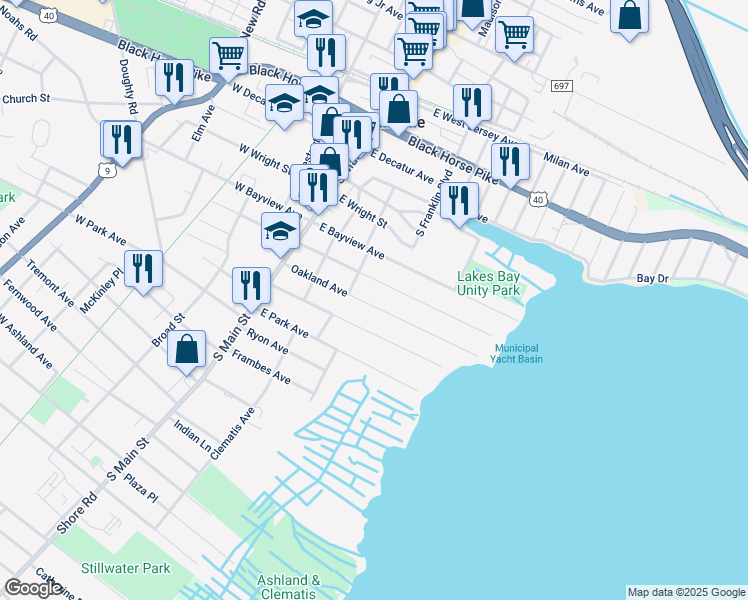 map of restaurants, bars, coffee shops, grocery stores, and more near 118 Oakland Avenue in Pleasantville