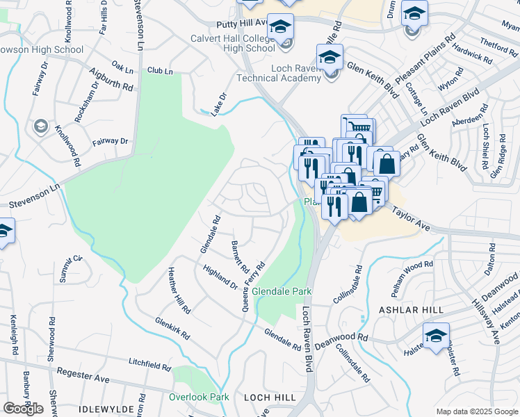 map of restaurants, bars, coffee shops, grocery stores, and more near 1312 Colbury Road in Towson