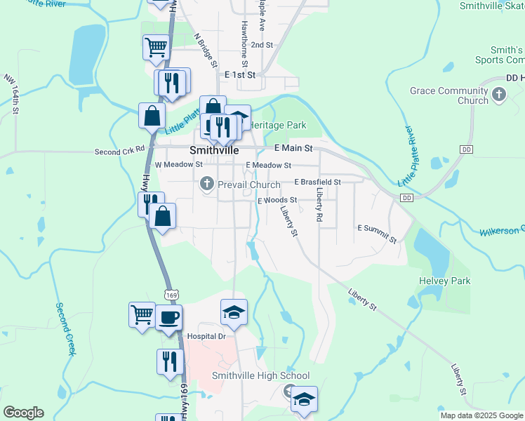 map of restaurants, bars, coffee shops, grocery stores, and more near 402 Winner Avenue in Smithville