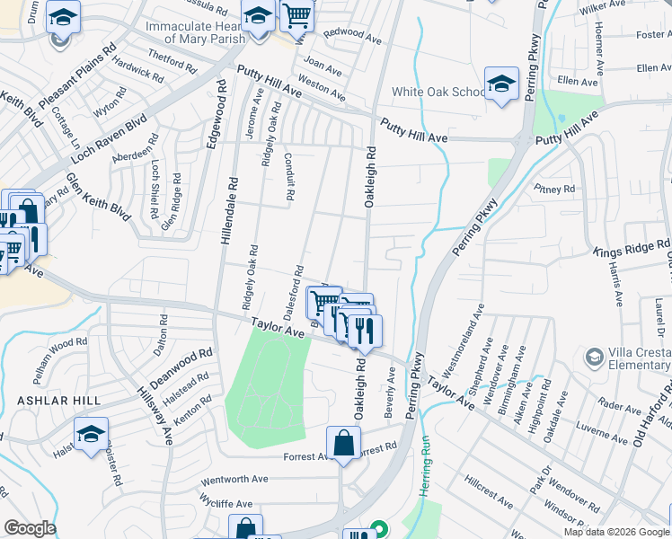 map of restaurants, bars, coffee shops, grocery stores, and more near 8103 Bon Air Road in Parkville