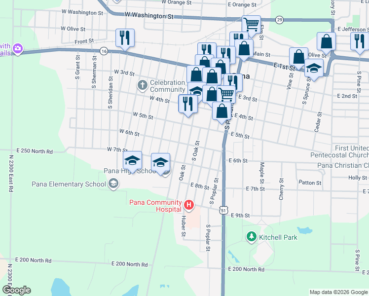 map of restaurants, bars, coffee shops, grocery stores, and more near 501 South Oak Street in Pana