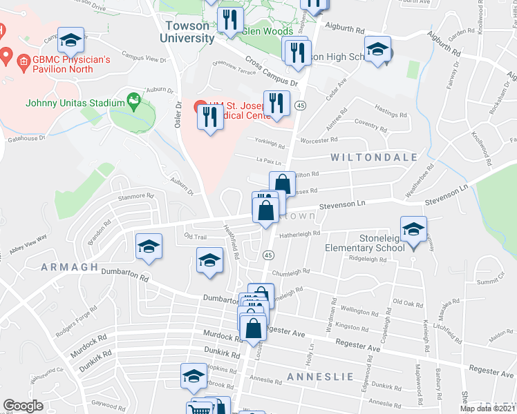 map of restaurants, bars, coffee shops, grocery stores, and more near 408 Stevenson Lane in Towson