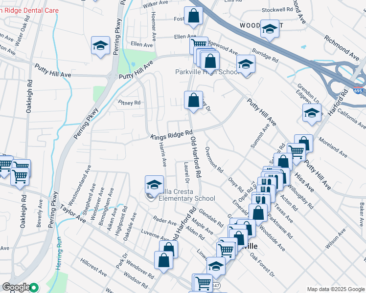 map of restaurants, bars, coffee shops, grocery stores, and more near 2613 Crabapple Road in Parkville