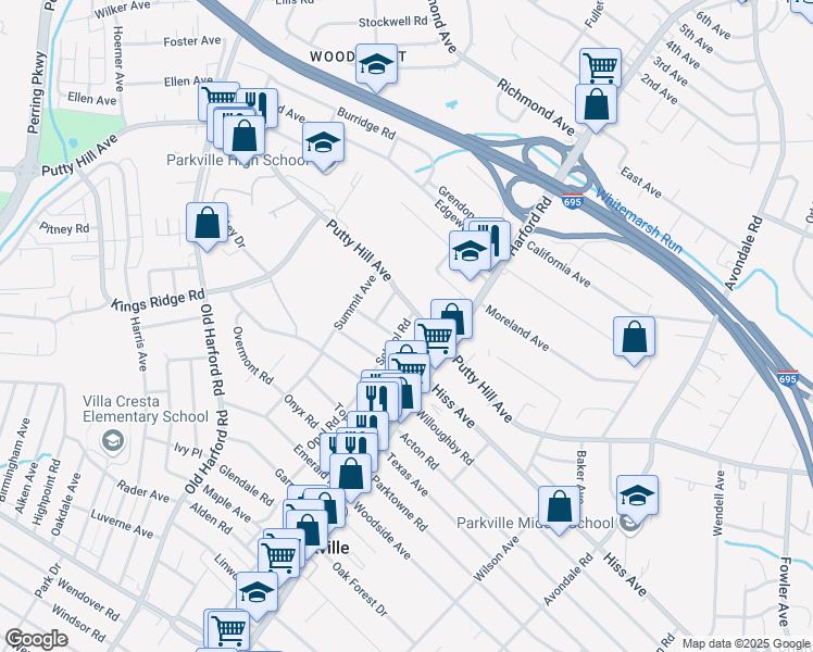 map of restaurants, bars, coffee shops, grocery stores, and more near 8713 School Road in Parkville