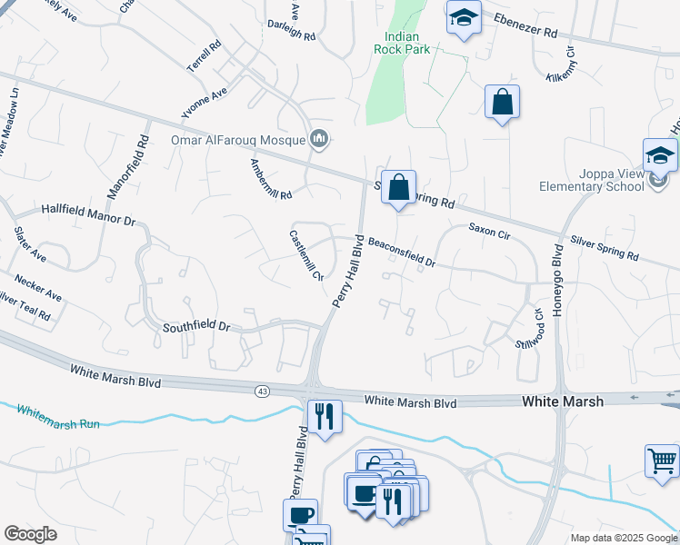 map of restaurants, bars, coffee shops, grocery stores, and more near 8530 Castlemill Circle in Perry Hall