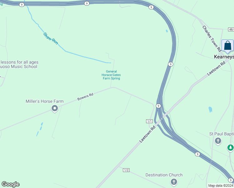 map of restaurants, bars, coffee shops, grocery stores, and more near 4590 Bowers Road in Kearneysville