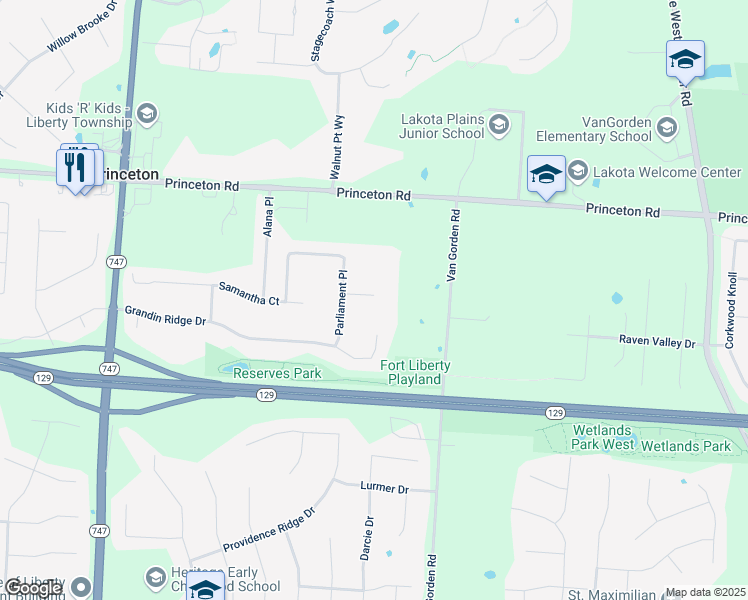 map of restaurants, bars, coffee shops, grocery stores, and more near 5299 Churchill Court in Butler County