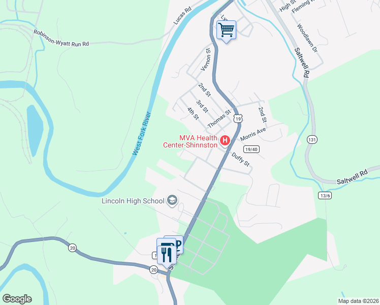 map of restaurants, bars, coffee shops, grocery stores, and more near Fleming Street in Shinnston