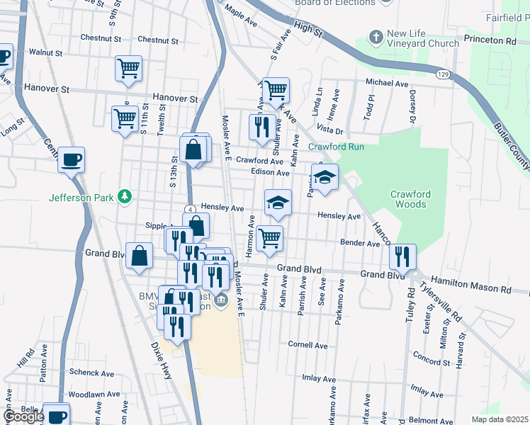 map of restaurants, bars, coffee shops, grocery stores, and more near 1215 Shuler Avenue in Hamilton
