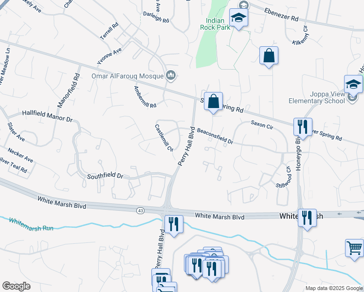 map of restaurants, bars, coffee shops, grocery stores, and more near 8530 Castlemill Circle in Perry Hall