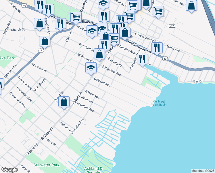 map of restaurants, bars, coffee shops, grocery stores, and more near 39 Oakland Avenue in Pleasantville