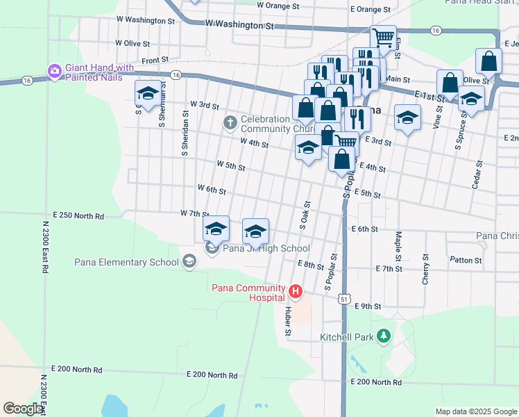 map of restaurants, bars, coffee shops, grocery stores, and more near 504 South Walnut Street in Pana