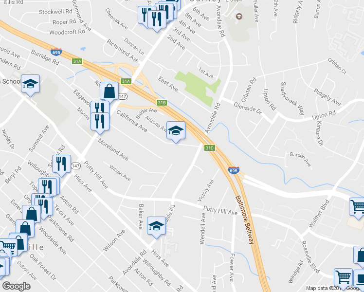 map of restaurants, bars, coffee shops, grocery stores, and more near 3115 California Ave in Parkville