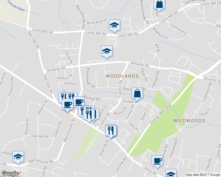 map of restaurants, bars, coffee shops, grocery stores, and more near 9809 Branchleigh Road in Randallstown