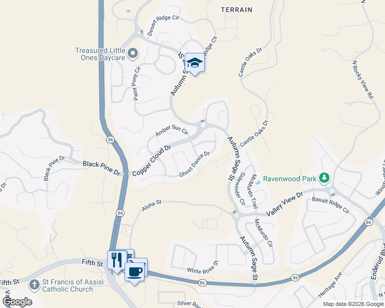map of restaurants, bars, coffee shops, grocery stores, and more near 1819 Ghost Dance Circle in Castle Rock
