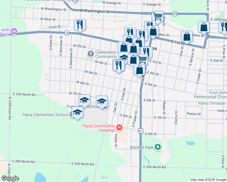 map of restaurants, bars, coffee shops, grocery stores, and more near 501 South Oak Street in Pana