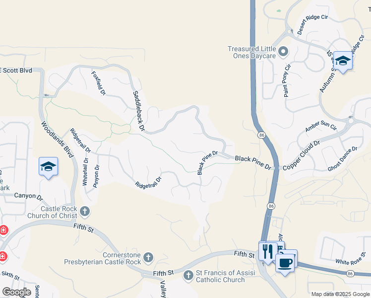 map of restaurants, bars, coffee shops, grocery stores, and more near 2495 Oak Vista Court in Castle Rock