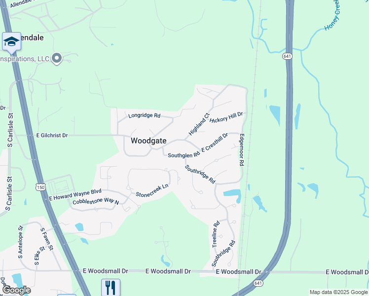 map of restaurants, bars, coffee shops, grocery stores, and more near 114 Southglen Road in Terre Haute