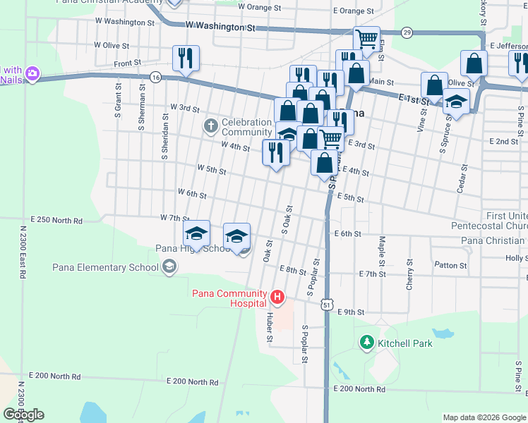 map of restaurants, bars, coffee shops, grocery stores, and more near 501 South Oak Street in Pana