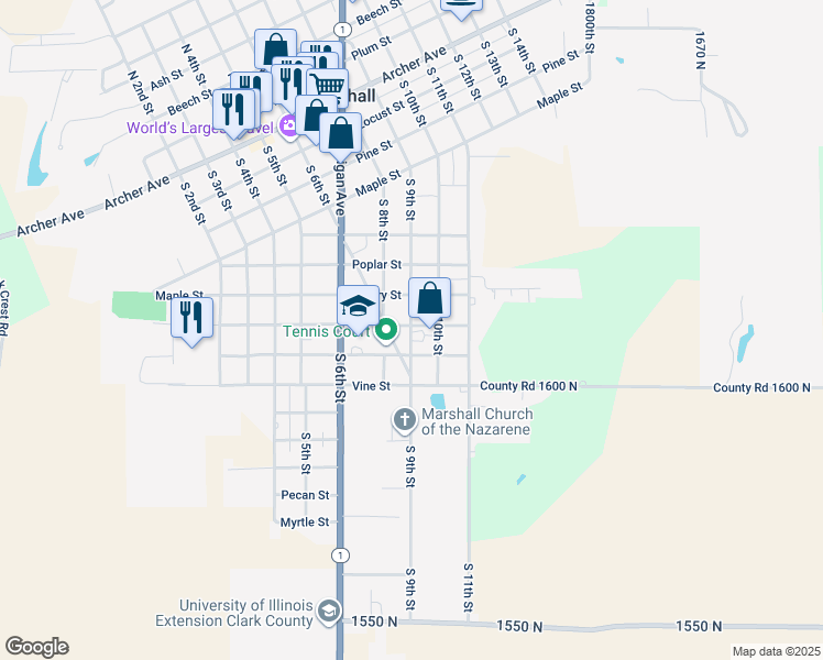 map of restaurants, bars, coffee shops, grocery stores, and more near 815 South 9th Street in Marshall