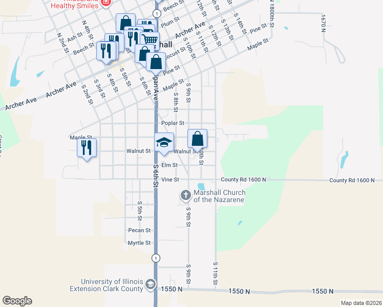 map of restaurants, bars, coffee shops, grocery stores, and more near 815 South 9th Street in Marshall