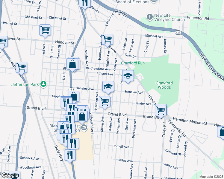 map of restaurants, bars, coffee shops, grocery stores, and more near 1195 Kahn Avenue in Hamilton